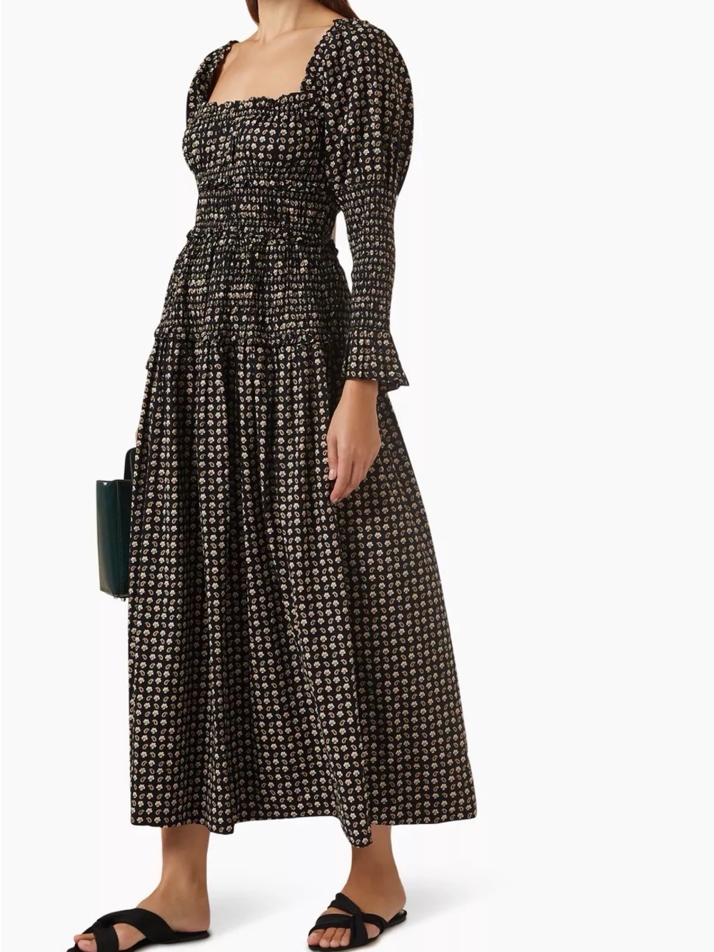 Doen Bellamy Black Floral Smocked Maxi Dress, like new, xxs